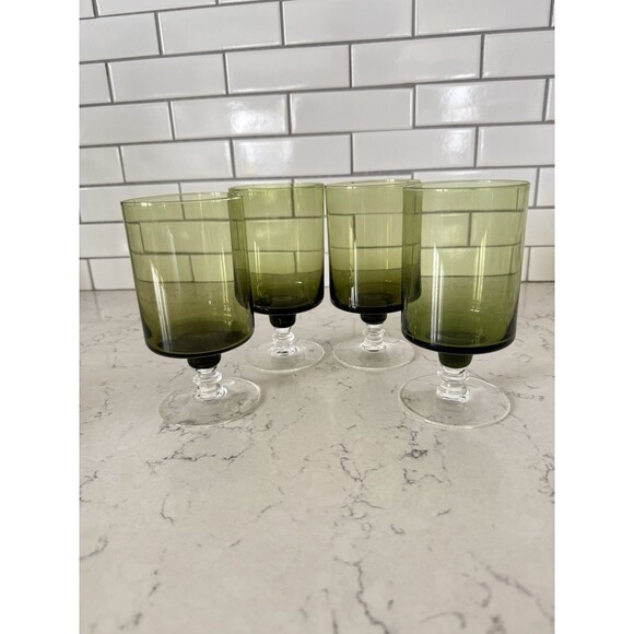 Sasaki Crystal Regency Olive Green Clear Base Goblets MCM Set Of 4 - Picture 1 of 5